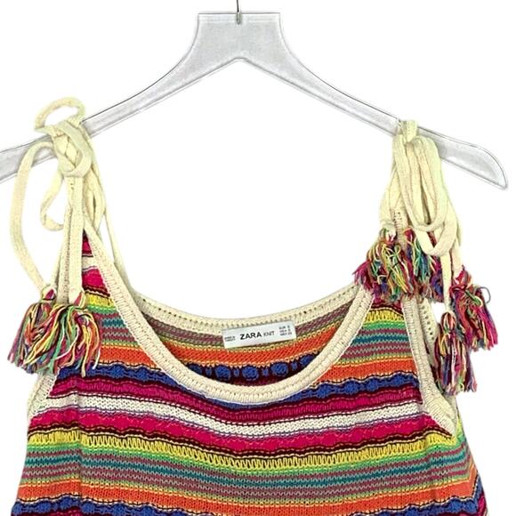 Zara S Womens Multicolor Striped Cropped Knit Top Crochet Tassel Boho Hippie - Picture 4 of 9